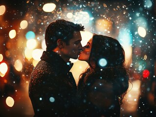 A romantic winter evening kiss between a couple in the city, illuminated by warm lights and gentle snowfall, capturing love and warmth.
