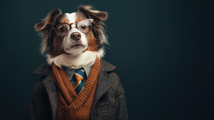 Australian ShepherdDog wearing glasses and tie