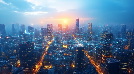 A top-down view of a hyper-connected urban city, where illuminated communication lines crisscross between skyscrapers and open plazas, creating a vibrant web of digital energy.