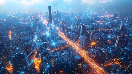 Fototapeta premium A top-down view of a modern city at night, with bright data lines glowing in neon colors, connecting skyscrapers and roads in a web of digital networks. The city pulses with technological energy,
