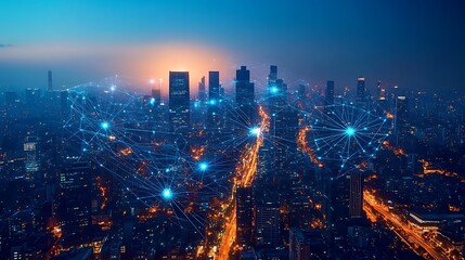 Fototapeta premium A vibrant aerial view of a high-tech city glowing under the night sky, where communication lines and data streams are visible connecting skyscrapers and roads. The city pulses with neon colors,