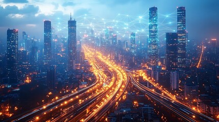 Fototapeta premium A vibrant city at night with illuminated communication networks visibly linking elevated highways, high-speed trains, and towering skyscrapers. The glowing data lines pulse across the skyline,