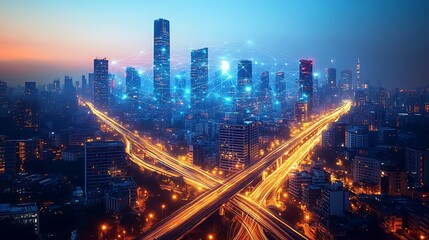 Fototapeta premium A vibrant city at night with illuminated communication networks visibly linking elevated highways, high-speed trains, and towering skyscrapers. The glowing data lines pulse across the skyline,