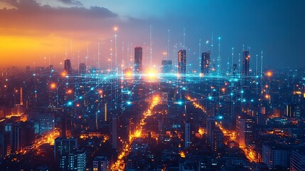 Fototapeta premium A vibrant city skyline glowing with neon data streams connecting mobile devices, homes, and business centers. The communication lines form a web of digital energy over the cityscape,