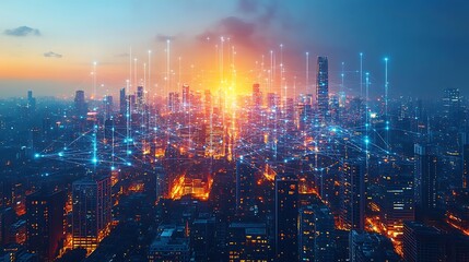 Fototapeta premium A vibrant city skyline glowing with neon data streams connecting mobile devices, homes, and business centers. The communication lines form a web of digital energy over the cityscape,