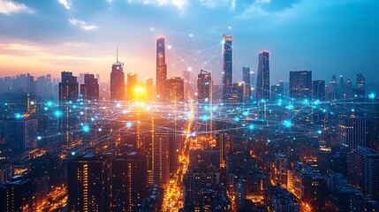 Obraz premium A vibrant city skyline glowing with neon data streams connecting mobile devices, homes, and business centers. The communication lines form a web of digital energy over the cityscape,