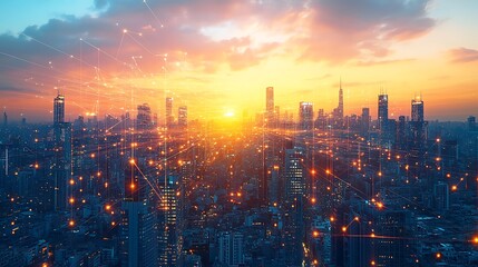 Fototapeta premium A vibrant skyline at sunset, with glowing data streams connecting sleek wireless towers, satellites, and smart homes across the city.