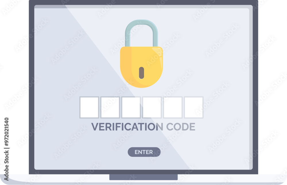 Poster laptop displaying verification code interface with a padlock icon, representing online security and 