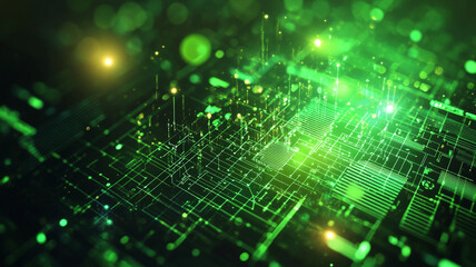 Obraz premium Digital circuit board illustration showcasing a futuristic green technology landscape