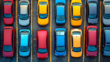 Aerial View of Cars Parked in Rows with Yellow Lines