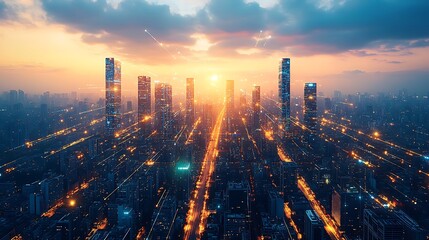 Fototapeta premium Aerial view of a futuristic metropolis at twilight, with illuminated data lines connecting towering glass buildings and sleek roads. The smart city pulses with energy,