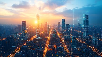 Fototapeta premium Aerial view of a futuristic metropolis at twilight, with illuminated data lines connecting towering glass buildings and sleek roads. The smart city pulses with energy,