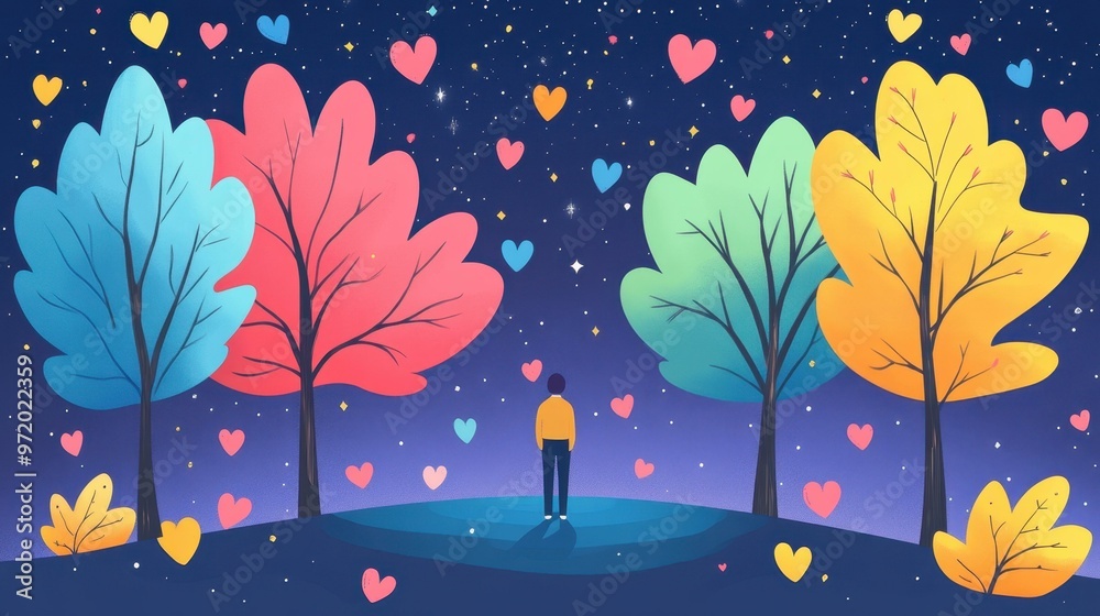 Poster A serene scene of a person among vivid trees beneath a starry sky with whimsical heartshaped constellations.