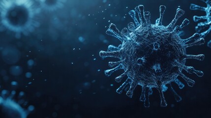 Close-up of a virus cell structure on a dark background, with copy space available.