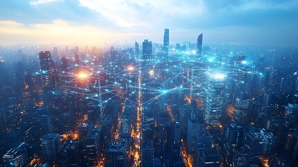 Aerial view of a futuristic urban center, glowing with interconnected digital networks and smart devices. Neon lights trace data pathways between skyscrapers and streets,