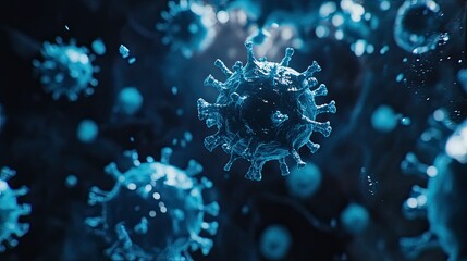 Close-up of microscopic virus cells in blue, floating in space, copy space available.