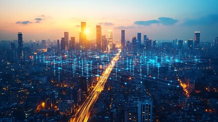 Fototapeta premium Aerial view of a high-tech city at dusk, with visible neon data streams connecting every building and road, creating a glowing digital network.