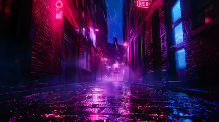 Neon lights of dystopian cyberpunk future, night time shot of dense city alley ways