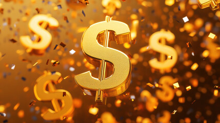 Golden dollar signs float amidst shower of colorful confetti, creating festive atmosphere that celebrates financial success and prosperity