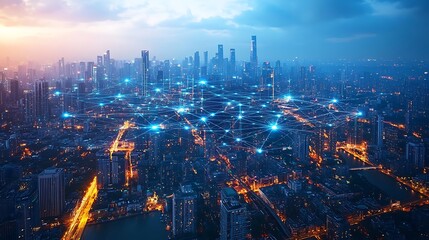 Fototapeta premium Aerial view of a tech-driven city at night, where illuminated data streams link mobile devices, homes, and business hubs. The vibrant neon lines form a complex web of communication across the skyline,