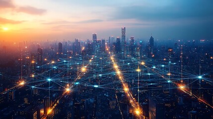 Fototapeta premium An aerial view of a futuristic city, with illuminated data lines connecting every building and road, forming a glowing digital web. The cityscape is alive with energy,