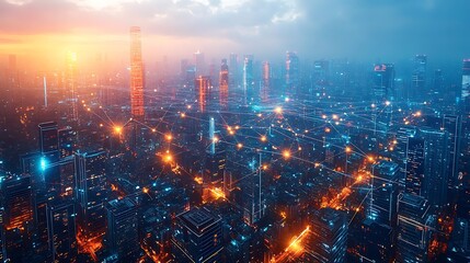 Fototapeta premium An aerial view of a futuristic city, with illuminated data lines connecting every building and road, forming a glowing digital web. The cityscape is alive with energy,