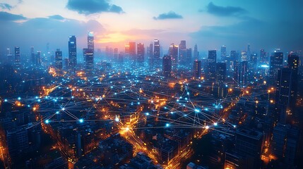 Obraz premium An aerial view of a smart city brimming with digital activity, with glowing networks connecting transportation hubs, high-rise buildings, and streets. The city pulses with energy,