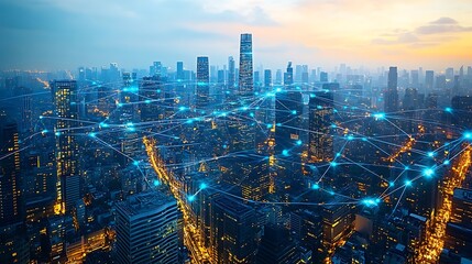 Fototapeta premium Bird’s-eye view of a high-tech futuristic city at twilight, with interconnected communication lines glowing in soft blue, wrapping around modern skyscrapers and smart transportation networks.