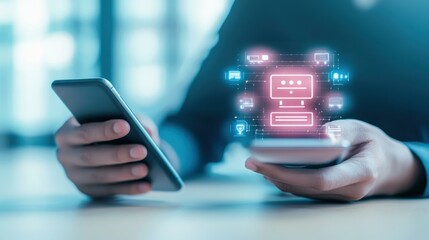 A professional uses a smartphone to access an AI chatbot, enhancing customer service in a sleek, modern office.