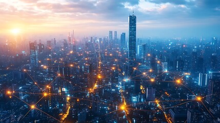 Fototapeta premium Bird's-eye view of a tech-driven city with glowing communication lines connecting smart infrastructure, skyscrapers, and roads. The vibrant data pathways light up the city below,