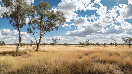 Obraz premium A wide-angle shot of an Australian outback landscape, featuring resilient desert flora such as spinifex and mulga trees 