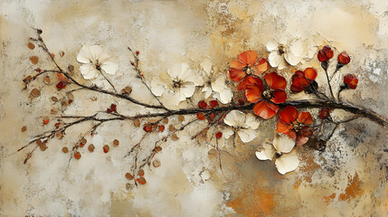 Abstract Floral Painting with White and Red Flowers