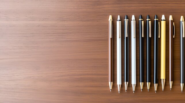 An elegant photograph of a set of high-end pens and pencils arranged in a row on a wooden desk, captured with deep depth of field. The image is in sharp focus with space for text around the supplies.