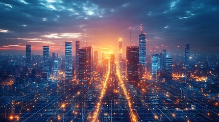 Fototapeta premium Futuristic city glowing under a night sky, with bright neon lines representing data pathways connecting the sleek high-tech towers.