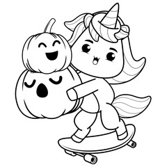 Halloween coloring page with unicorn for kids