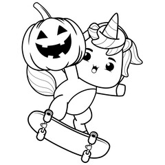 Halloween coloring page with unicorn for kids
