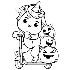 Halloween coloring page with unicorn for kids