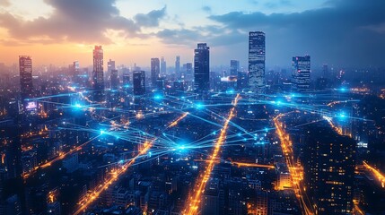 Obraz premium High-tech metropolis seen from above, with glowing blue and orange lines representing data streams connecting transportation hubs, skyscrapers, and residential areas.