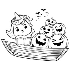 Halloween coloring page with unicorn for kids