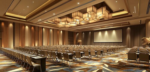 Broad conference hall in a hotel, styled for business gatherings and large groups.