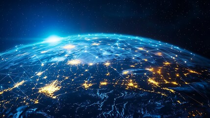 Obraz premium The Earth from space at night, with glowing data lines connecting major global cities across continents, forming a digital web of communication. The neon lights pulse across the planet,
