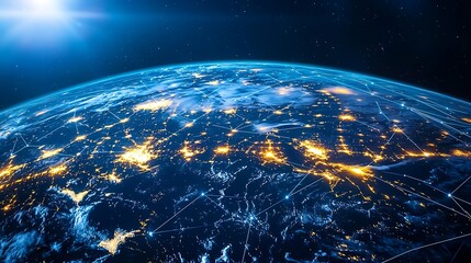 Obraz premium The Earth from space at night, with glowing data lines connecting major global cities across continents, forming a digital web of communication. The neon lights pulse across the planet,