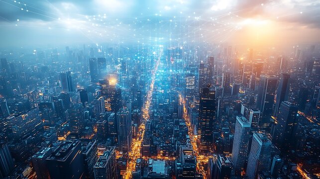 A bird's-eye view of a bustling city with bright neon lines symbolizing data networks flowing between skyscrapers and streets.