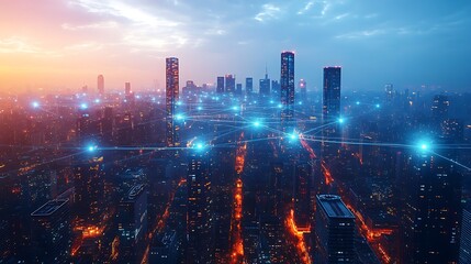 Fototapeta premium A bird’s-eye view of a futuristic cityscape at twilight, where towering high-rises are connected by glowing communication lines symbolizing cloud networks.