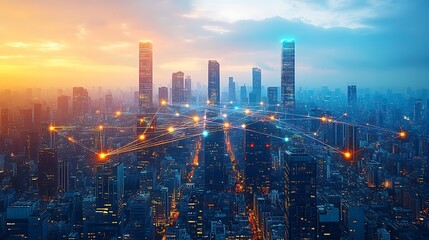 Obraz premium A bird’s-eye view of a futuristic cityscape at twilight, where towering high-rises are connected by glowing communication lines symbolizing cloud networks.