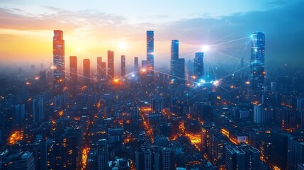 A bird’s-eye view of a futuristic cityscape at twilight, where towering high-rises are connected by glowing communication lines symbolizing cloud networks.