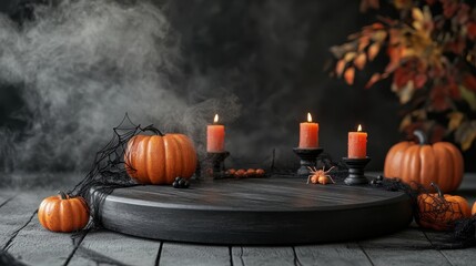 The display podium features a dark wooden base adorned with orange pumpkins, spider webs, and flickering candles, enhancing the Halloween spirit