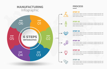 Visual data presentation. Cycle diagram with 6 options. Pie Chart Circle infographic template with 6 steps, options, parts, segments. Business concept. Marketing infographic vector illustration.