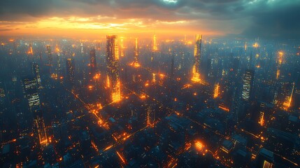 Fototapeta premium A bird’s-eye view of a tech-driven city glowing with digital energy, with communication lines visibly connecting smart infrastructure and skyscrapers.