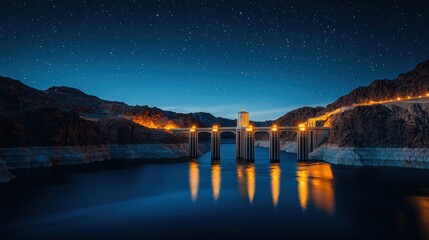 Illuminated Bridge Spanning Majestic Mountain Lake at Dusk with Starry Night Sky Reflection